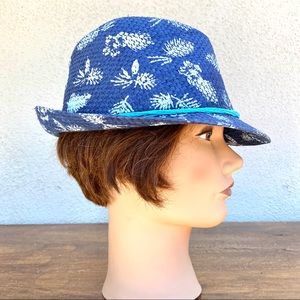 Urban Outfitters fedora hat BLUE straw woven print pinecone floral white sunhat